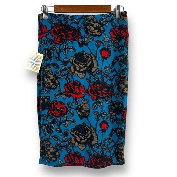 LuLaRoe Dresses & Skirts - LuLaRoe Women's Size S Cassie Pencil Skirt Blue Red Roses Print‎ Stretchy New